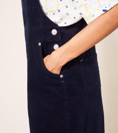 Emmie Organic Cord Midi Pinafore In DARK NAVY