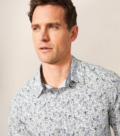 Peacock Printed Slim Fit Shirt In NATURAL WHITE