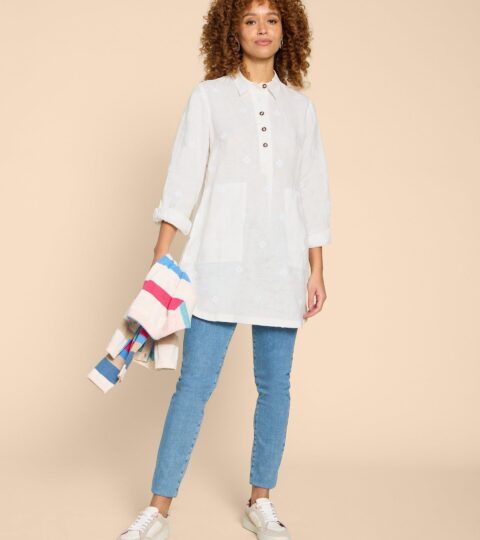 Evelyn Embroidered Linen Tunic In NATURAL WHITE