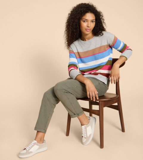 OLIVE STRIPE KNITTED JUMPER In GREY MULTI