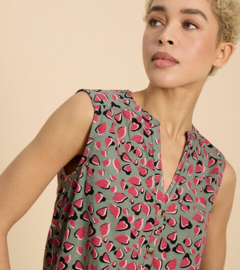 TULIP JERSEY SLEEVELESS SHIRT In TEAL PRINT