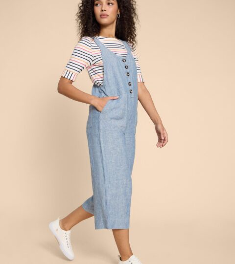 Viola Crop Linen Dungaree In CHAMBRAY BLUE