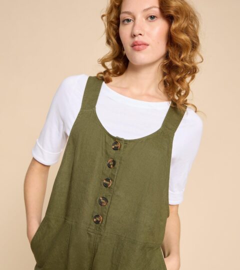 Viola Crop Linen Dungaree In KHAKI GREEN