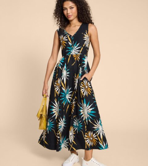 Gigi Linen Blend Maxi Dress In BLACK PRINT