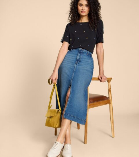 Allie Denim Midi Skirt In LIGHT DENIM