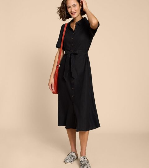 Beth Linen Blend Shirt Dress In PURE BLACK