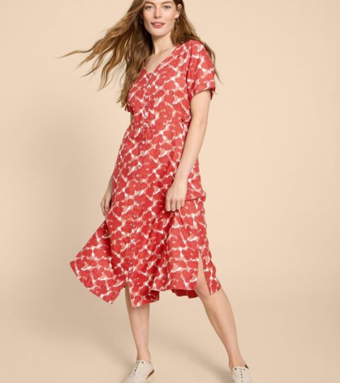 Ivy Linen V Neck Midi Dress In RED PRINT