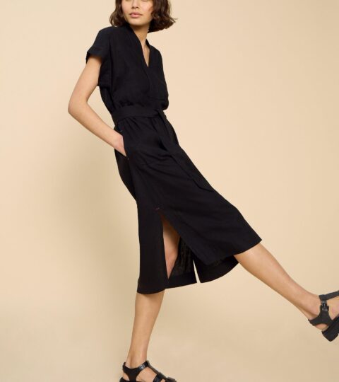 Marianne Linen Blend Dress In PURE BLACK