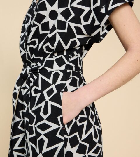 Sophie Linen Blend Wrap Dress In BLACK PRINT