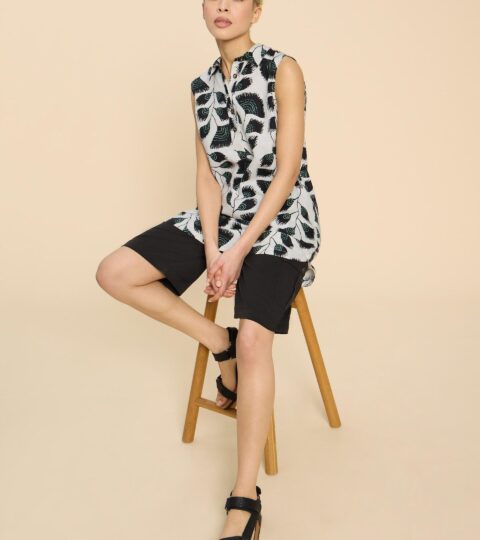 Evelyn Sleeveless Linen Tunic In BLACK PRINT