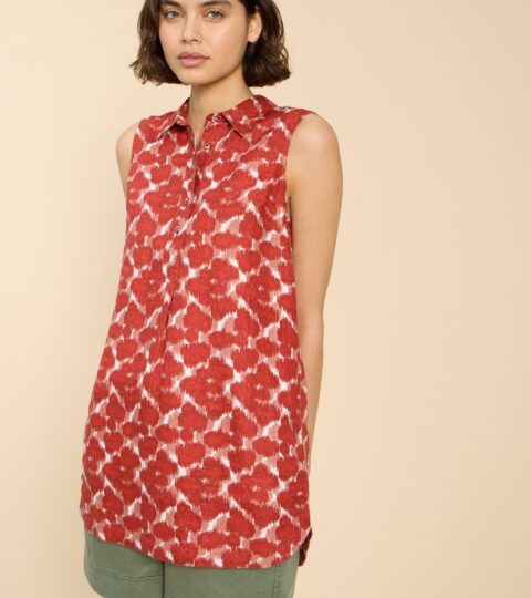 Evelyn Sleeveless Linen Tunic In RED PRINT