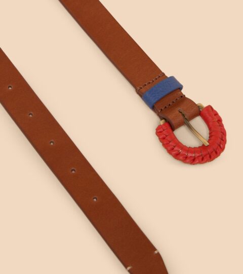 Woven Leather Buckle Belt In MID TAN