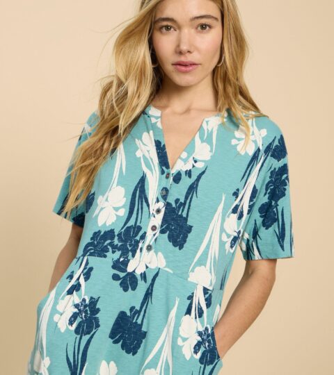 Tammy Cotton Printed Jersey Dress In TEAL PRINT