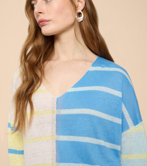 LINEN V NECK JUMPER In BLUE MULTI