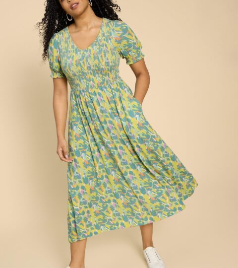 Emily Shirred Jersey Dress In TEAL PRINT